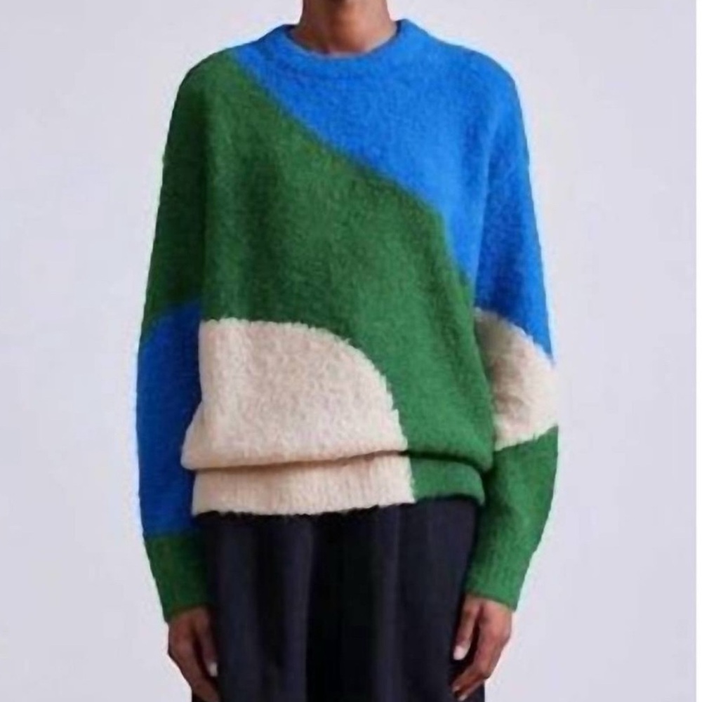 APIECE APART elle textured crew sweater in cobalt & clover small